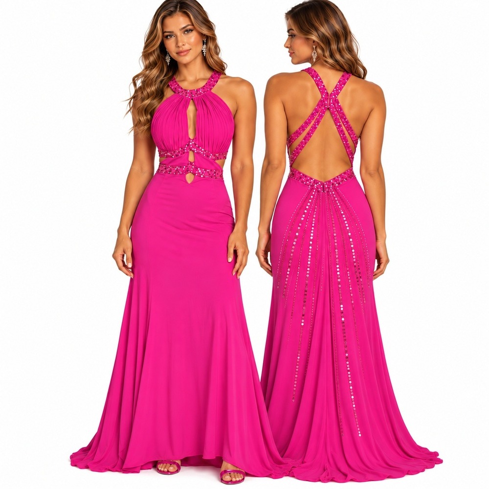 Morgan & Co. Evening Gown Women 10 Hot Pink Halter Sequin Beaded Cutout Y2K Prom